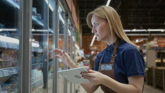 Side view shot of female supermarket worker doing stock review in supermarket and using tablet while checking items in freezer section