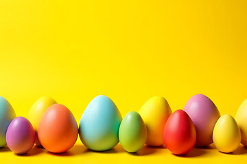 Obraz premium Colorful easter eggs displayed on bright yellow background festive decor studio setting