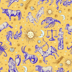 Hand drawn zodiac signs seamless pattern with sun, moon, planets, comet, stars.