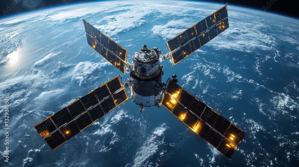Aufkleber A satellite orbits Earth, sending important telemetry data while monitoring cosmic radiation. Solar panels shine under sunlight, contributing to advanced astrophysics research.