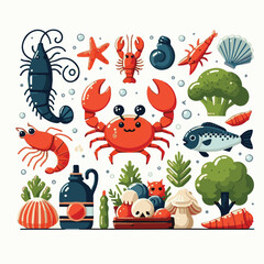 seafood, fish, food, restaurant, dinner, illustration, menu, vector, vintage, ocean, sea, fresh, sketch, shrimp, design, drawing, meal, gourmet, ink, retro, market, marine, delicacy, octopus, crab, lo