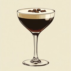 Stylized illustration of an espresso martini in a coupe glass, topped with coffee beans, set against a neutral background.