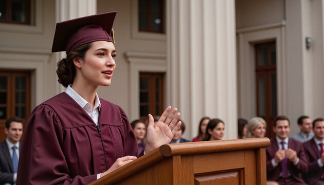 Emotional female graduate delivering a speech at a wooden podium in front of an audience, graduation ceremony