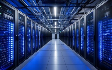 Data center server room with rows of illuminated racks. (1)