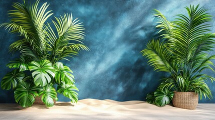 Lush Green Potted Palms on Sand