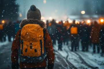 A car skidding on a snowy road, with tire tracks visible in the slush and people in warm clothes assisting nearby