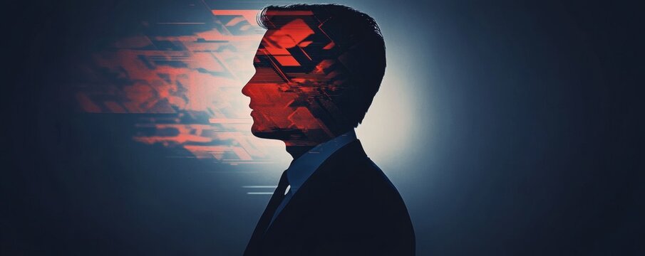 A silhouette of a businessman with an abstract digital overlay - Powered by Adobe