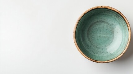 Topdown view of a ceramic bowl, classic and clean, resting against a white backdrop