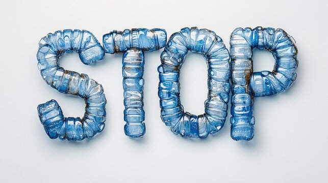 Recycled Plastic Bottles Forming Stop Word on White Background - Powered by Adobe