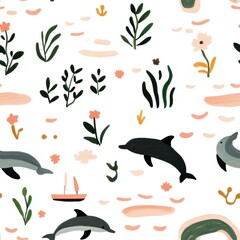 Seamless pattern featuring playful dolphins leaping through vibrant waves and sunny skies.