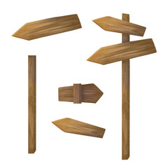 An index post made of wood with directional arrows. A billboard for announcements, addresses, and directions. Signage for campgrounds, nature parks, forests, and hiking trails. Isolated illustration