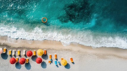 Aerial View of Colorful Beach Umbrellas