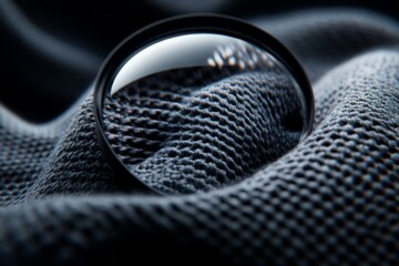 A close-up of a woolen fabric under a magnifying glass, showing the interwoven fibers in intricate detail