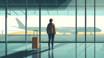 Fototapeta premium Journey's Beginning: A solo traveler stands gazing out of a window at an airport, a sense of anticipation and freedom. The image encapsulates the spirit of travel, exploration, and new beginnings.