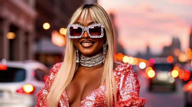 Stylish person in glamorous outfit posing on a city street at sunset, celebrating nightlife, self-expression, and urban fashion culture
