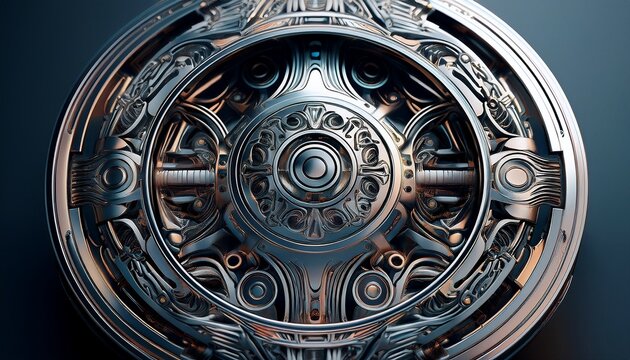 Chrome-plated metal surface adorned with intricate cybernetic engravings, blending futuristic technology with a sleek, shiny finish that highlights detailed patterns and high-tech artistry.
