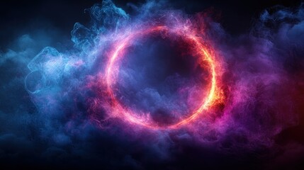 Circular fiery neon ring in smoky clouds