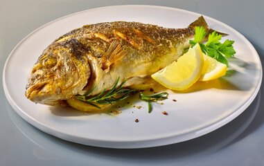 Dorade auf weissem Teller, gebraten, Zitrone, isoliert, Mittelmeerfisch, gesund, 