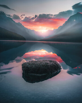View of serene Bowman Lake with majestic mountains and colorful sunset reflections, Polebridge, Montana, United States.