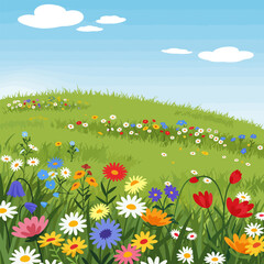 Blooming Wildflower Meadow on Green Hill with Blue Sky and Clouds