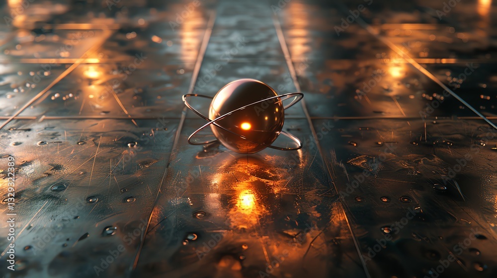 Canvas Prints a metallic sphere with a glowing core, surrounded by rings, sits on a textured metallic surface.