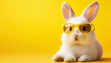 Obraz premium cute white rabbit wearing yellow sunglasses on a solid co