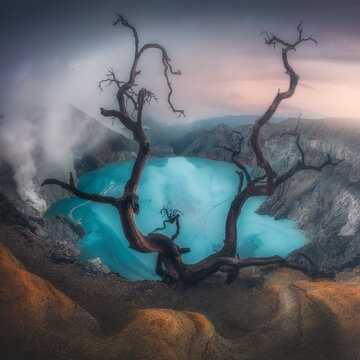 View of the beautiful Ijen crater with its acidic lake and dramatic landscape, Licin, East Java, Indonesia.