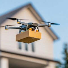 Drone flying with a delivery package in front of a suburban home representing modern e commerce logistics and smart business automation for futuristic supply chain solutions