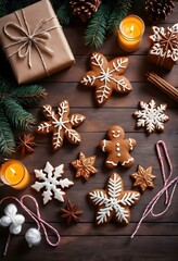 The image is a flat lay of Christmas-themed decorations on a dark wooden background. There are several gingerbread cookies in the shape of snowflakes, arranged in a scattered manner. On the left side 