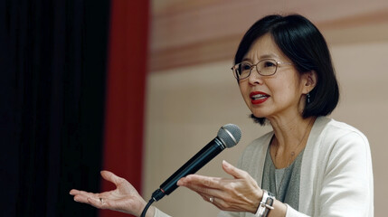 Confident Asian woman in her 50s speaking at business conference, standing behind podium, serious expression, professional setting, copy space