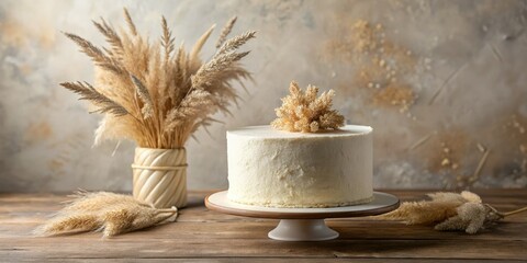 White cake, pampas grass, rustic plate. Soft focus backdrop, minimalist aesthetic.