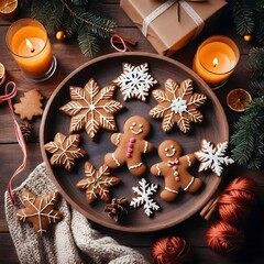 The image is a flat lay of a wooden table with a plate of decorated gingerbread cookies in the center. The cookies are in the shape of snowflakes and are arranged in a circular pattern on the plate. T