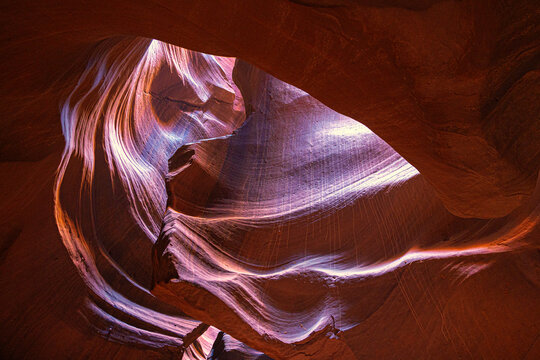 View of beautiful antelope canyon with dramatic light and shadows on sandstone formations, Page, Arizona, United States.