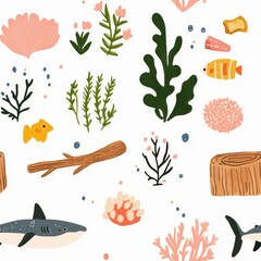 Seamless pattern showcasing a playful shark swimming through vibrant ocean waves.