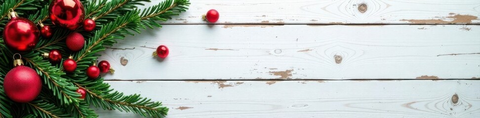 Naklejka premium Aged white wood, evergreen boughs, red ornaments, rustic Christmas , white, evergreen, red