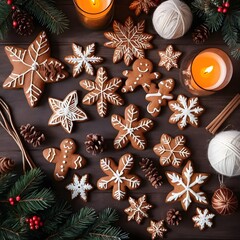 The image is a flat lay of Christmas-themed decorations on a dark wooden background. There are several gingerbread cookies in the shape of snowflakes scattered around the image. The cookies are decora