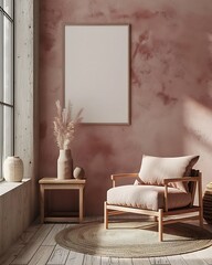 Modern interior design of a living room with pink and terracotta colors, a poster mockup on the wall, a minimalistic style, a wooden floor, an armchair, a coffee table, a window, 