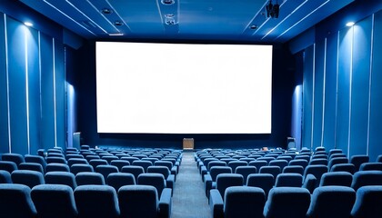 Obraz premium Empty of cinema in blue color with white blank screen. Mockup of hall, no people and auditor.