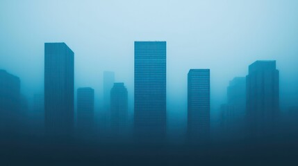 Obraz premium A misty skyline featuring tall buildings emerging from fog, creating an atmospheric and moody urban landscape.