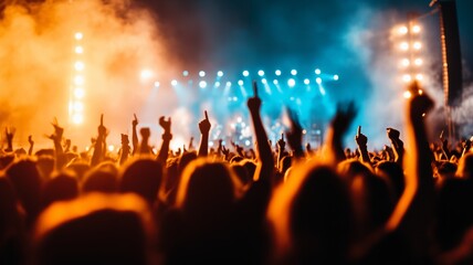 A crowd at an outdoor music festival, illuminated by colorful lights and swirling smoke. Generative AI