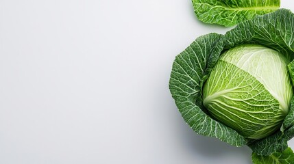 Fototapeta premium Topdown view of a whole cabbage, leafy and natural, minimalist white surface