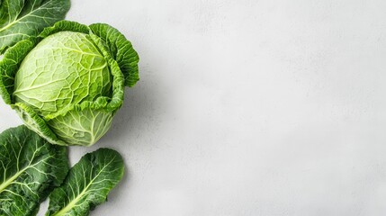 Fototapeta premium Topdown view of a whole cabbage, leafy and natural, minimalist white surface