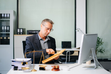 male lawyers consulting on legal cases in a modern office. Perfect for law, business, justice, legal advice
