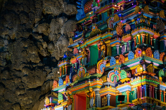 View of the colorful and ornate Batu Caves temple with intricate sculptures, Kuala Lumpur, Selangor, Malaysia.