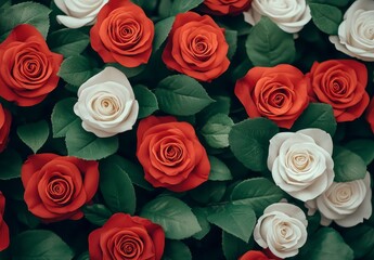 Naklejka premium Red and White Roses Close Up Lush Green Leaves Water Droplets