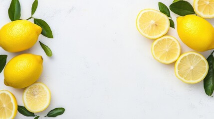Topdown view of a whole lemon with smooth skin, fresh and zesty, plain white background