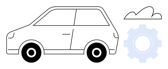 Stylized car beside cloud and cogwheel, representing innovation, technology, transportation, and efficiency. Ideal for themes thumbs up mobility, automation, eco-friendliness, optimization cloud