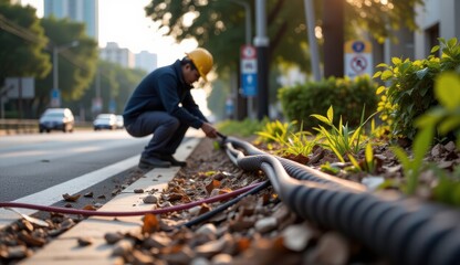 Electrician Working on Cable Installation in Urban Environment