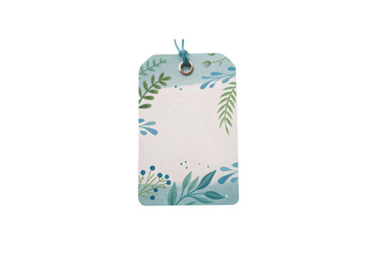 A blank paper tag with a nature-inspired border featuring green leaves and blue floral elements, representing sustainable branding and eco-conscious labeling, isolated on a transparent background