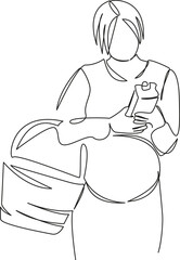 One continuous single drawing line art flat doodle mother, pregnant, shopping, choosing, woman, supermarket, juice. Isolated image hand draw contour on a white background, hand drawn, not AI